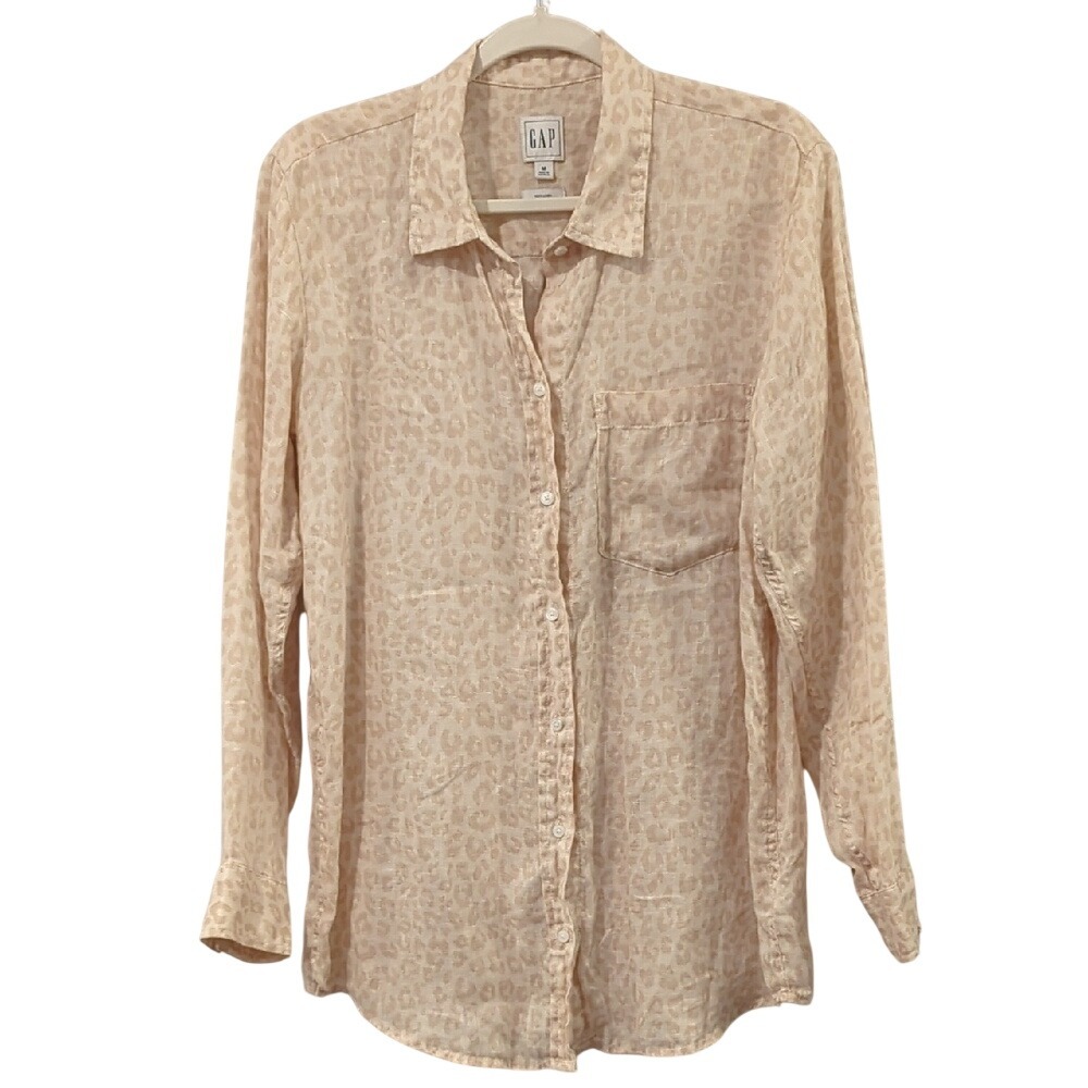 100% Linen Button Down Leopard Print Tan size Medium